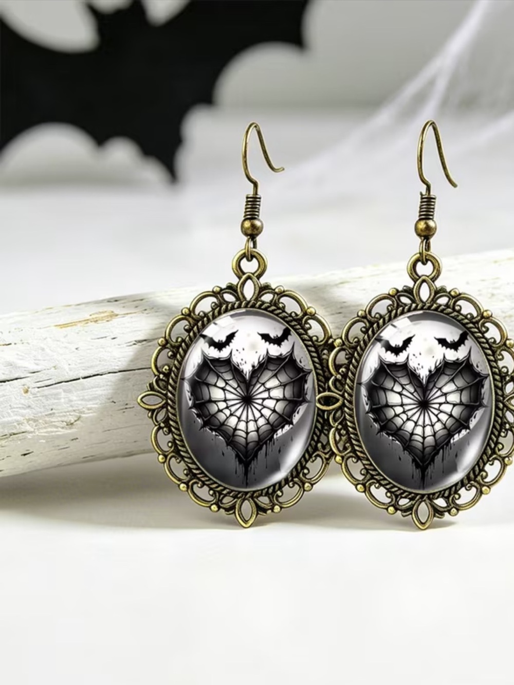 🦇 Gothic Heart Spiderweb Drop Earrings in Black & Antique Gold
